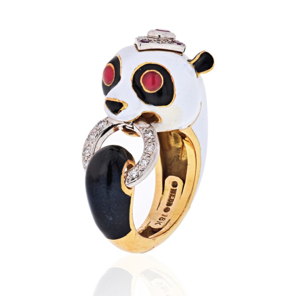 David Webb Circa 1960's 18K Yellow Gold Panda White, Black Enamel, Ruby, Diamond Ring - The Back Vault