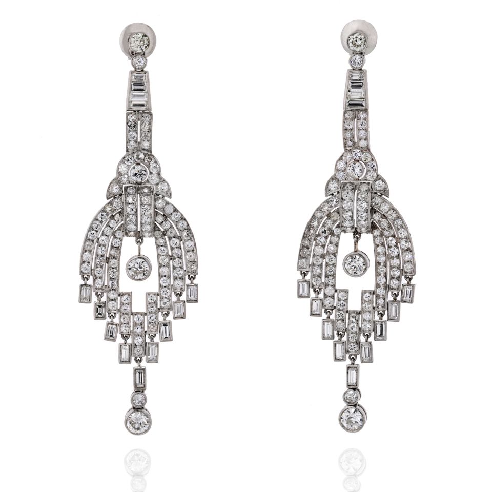 Platinum 20 carat Chandelier Dangling Art Deco Earrings - The Back Vault