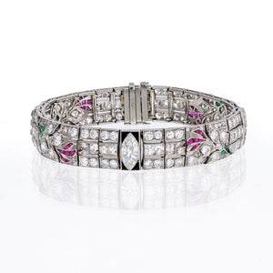 Art Deco Platinum Diamond, Emerald and Ruby, With Onyx Accents Bracelet