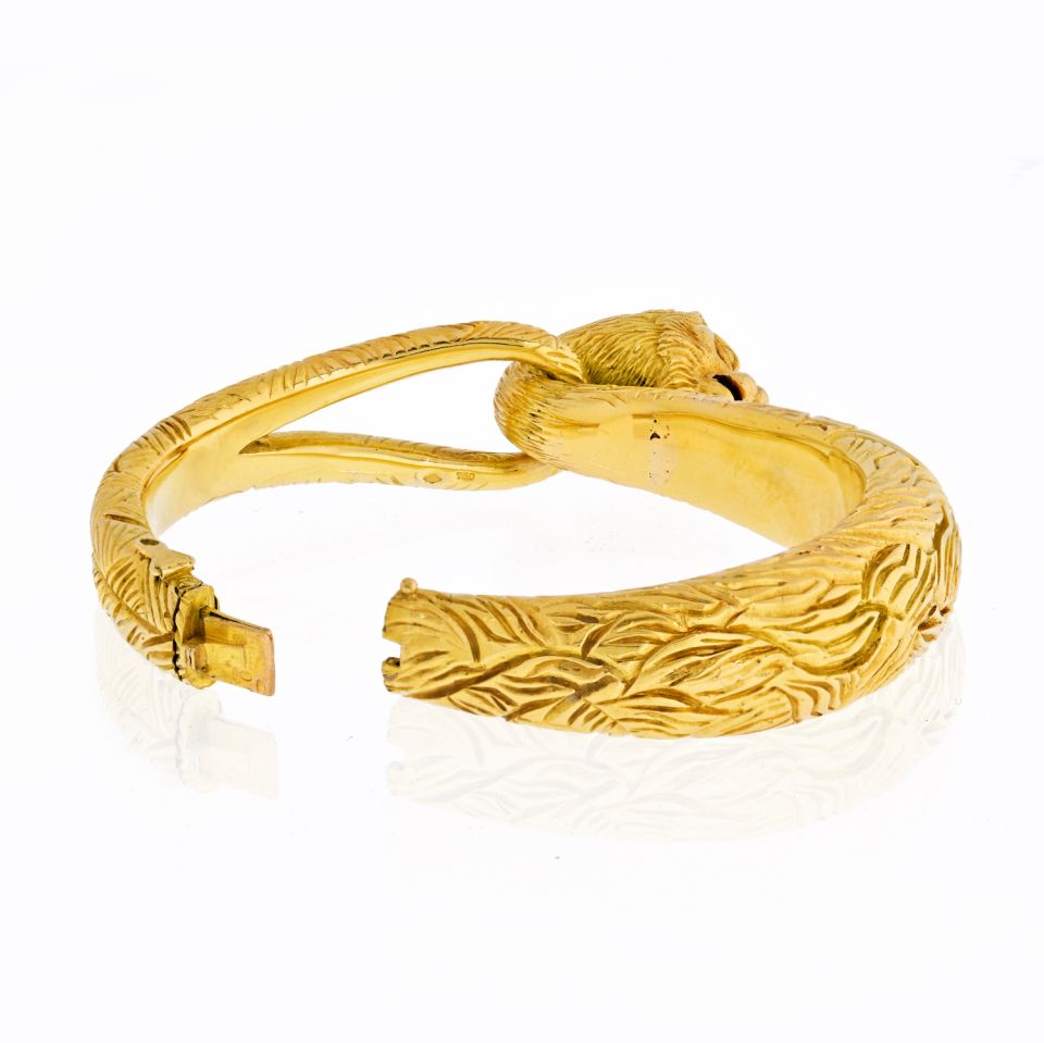 Cartier 18K Yellow Gold Carved Lion Bangle Bracelet - The Back Vault