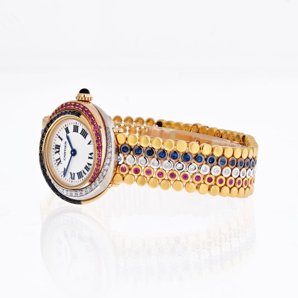 Cartier Trinity 18K Tri Color 2357 Sapphire, Ruby, And Diamond Ladies Wrist Watch - The Back Vault