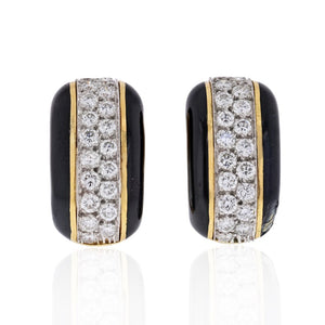 David Webb Platinum & 18K Yellow Gold 2.00 carat Diamond Huggie Black Enamel Earrings