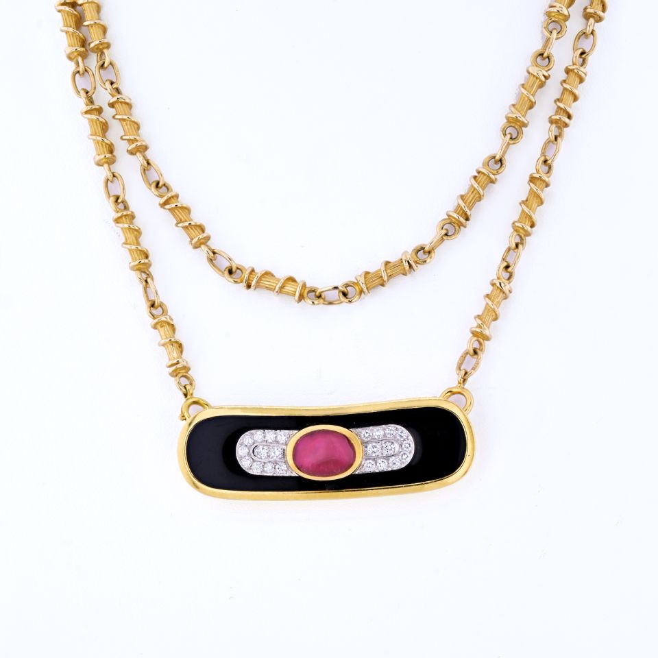 David Webb Platinum & 18K Yellow Gold Ruby, Diamond And Lacquer Pendant Necklace - The Back Vault