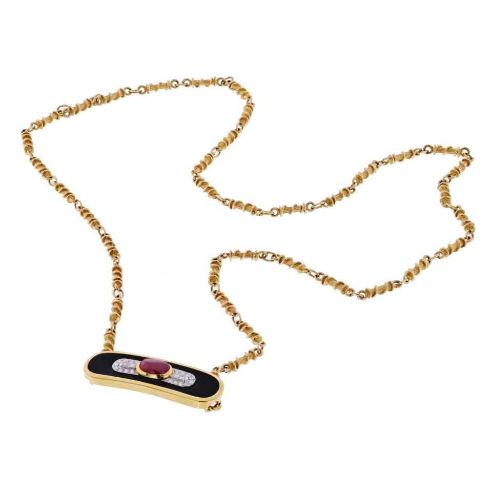 David Webb Platinum & 18K Yellow Gold Ruby, Diamond And Lacquer Pendant Necklace - The Back Vault