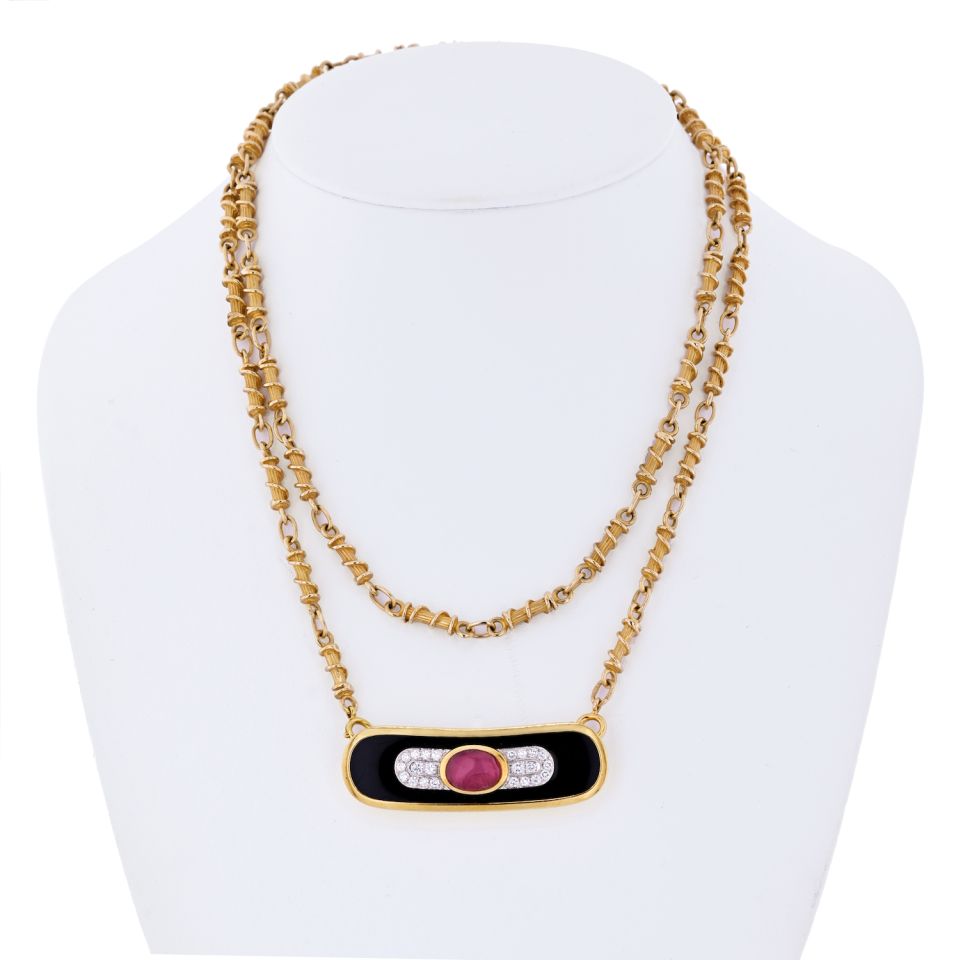 David Webb Platinum & 18K Yellow Gold Ruby, Diamond And Lacquer Pendant Necklace - The Back Vault