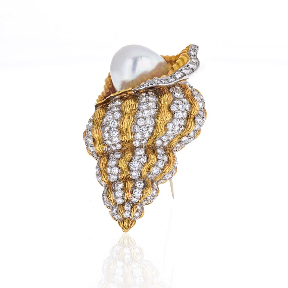 David Webb Platinum & 18K Yellow Gold Diamond And Pearl Conch Shell Brooch - The Back Vault