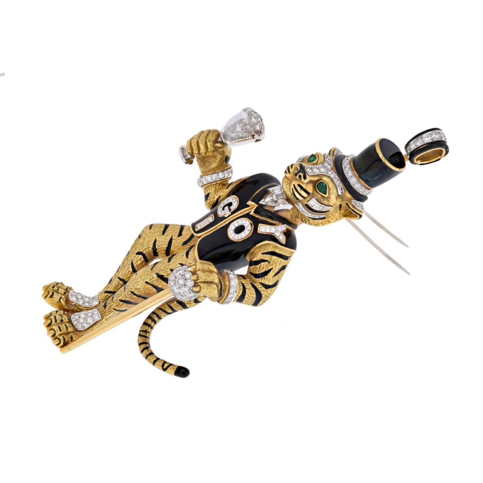 David Webb 18K White Gold Black Enamel Tiger Brooch - The Back Vault