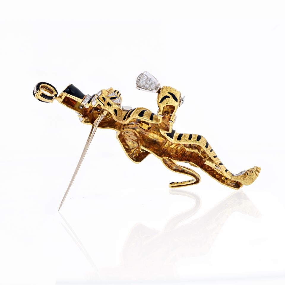 David Webb 18K White Gold Black Enamel Tiger Brooch - The Back Vault