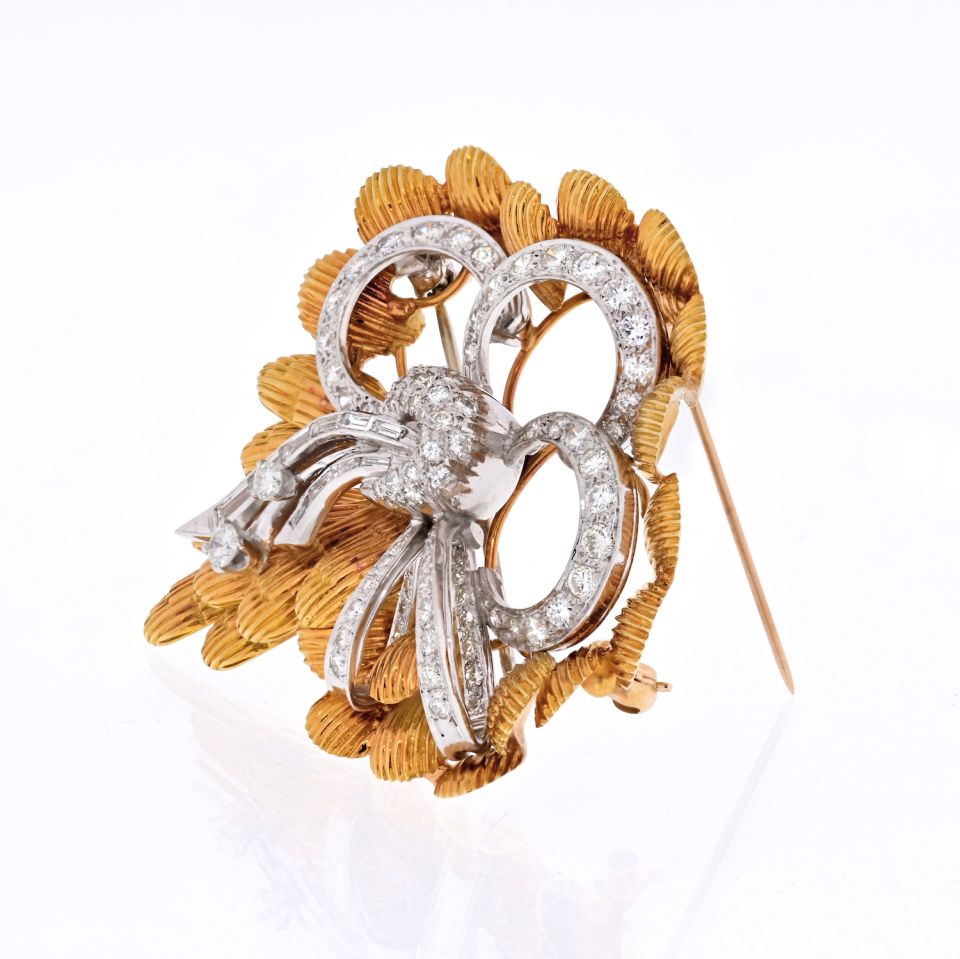 Circa 1950's Platinum & 18K Yellow Gold 4 carat Diamond Bow Brooch - The Back Vault