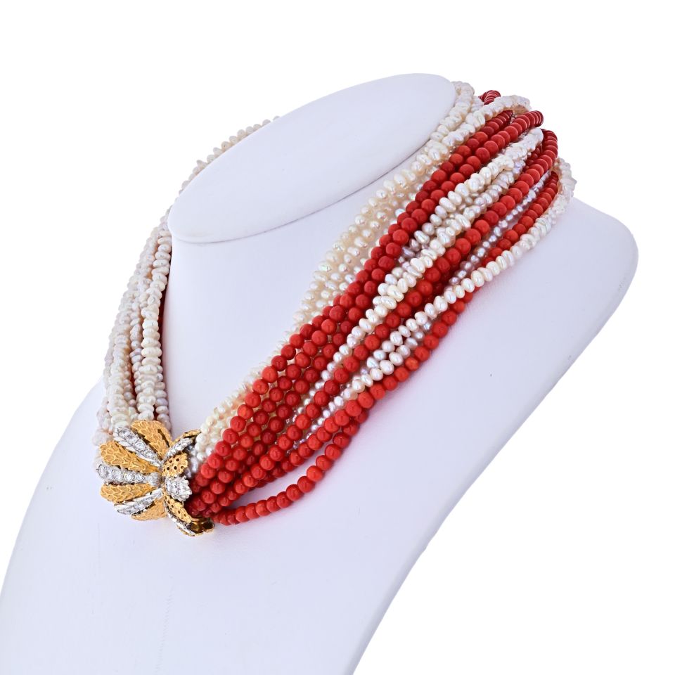 Buccellati 18K Yellow Gold 16 string Coral, Pearl Diamond Clasp Necklace - The Back Vault