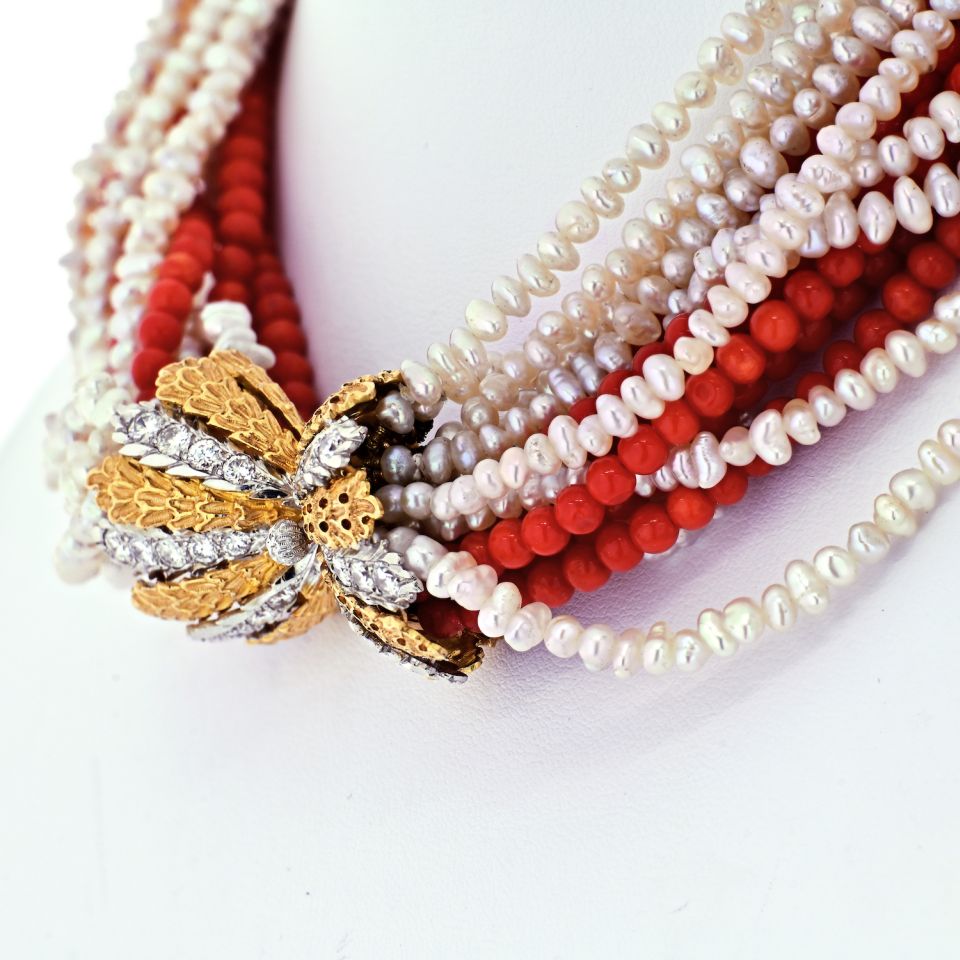 Buccellati 18K Yellow Gold 16 string Coral, Pearl Diamond Clasp Necklace - The Back Vault