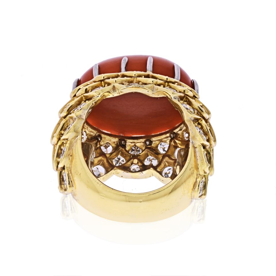 David Webb Platinum & 18K Yellow Gold Oval Coral And Diamond 1970's Ring - The Back Vault