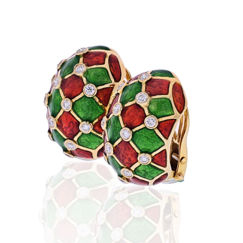 David Webb Platinum & 18K Yellow Gold Checkerboard Green, Red Enamel And Diamonds Earrings - The Back Vault