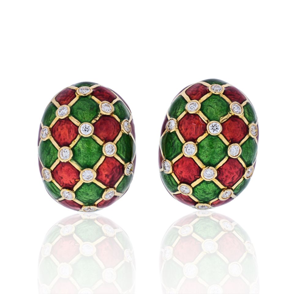 David Webb Platinum & 18K Yellow Gold Checkerboard Green, Red Enamel And Diamonds Earrings - The Back Vault