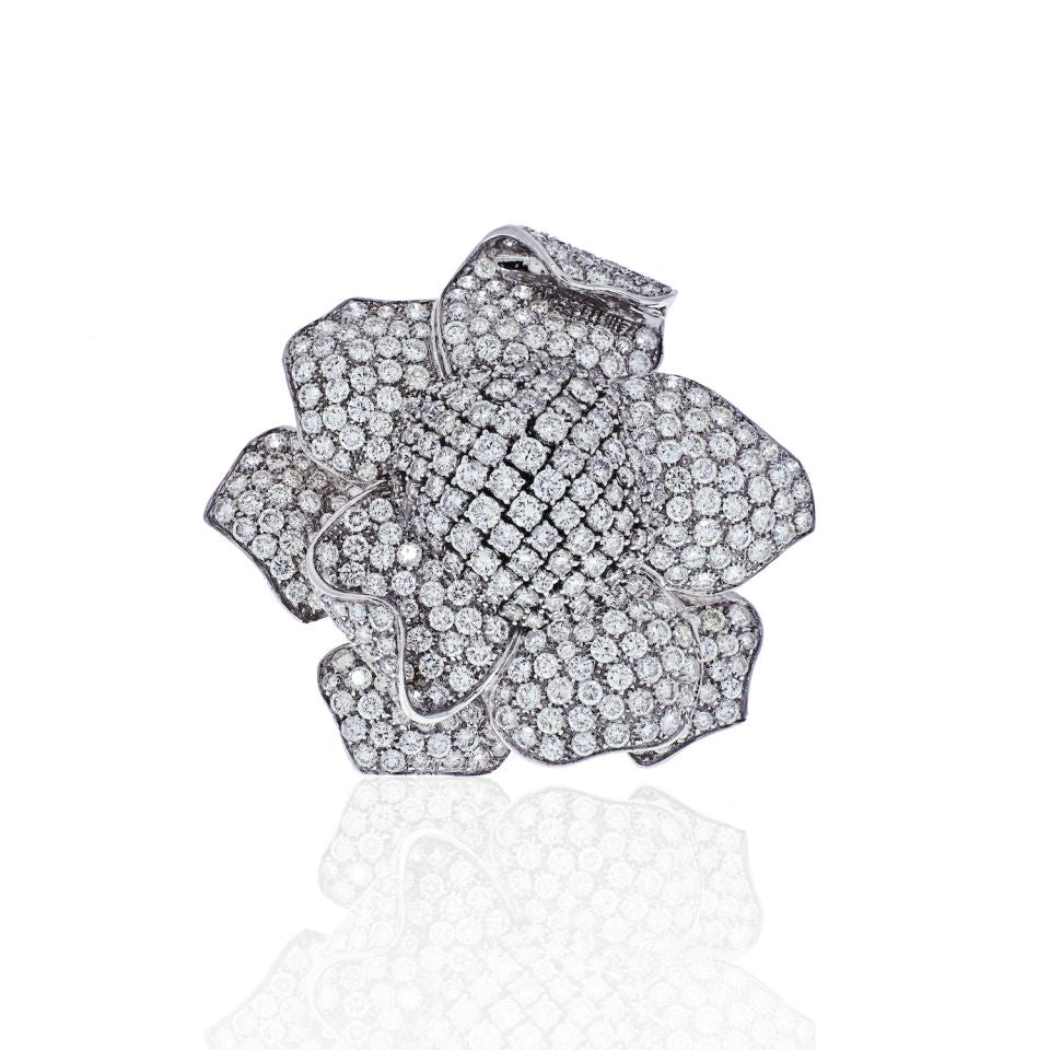 18K White Gold Large Pave Diamond Flower Pin 35 carat Brooch - The Back Vault