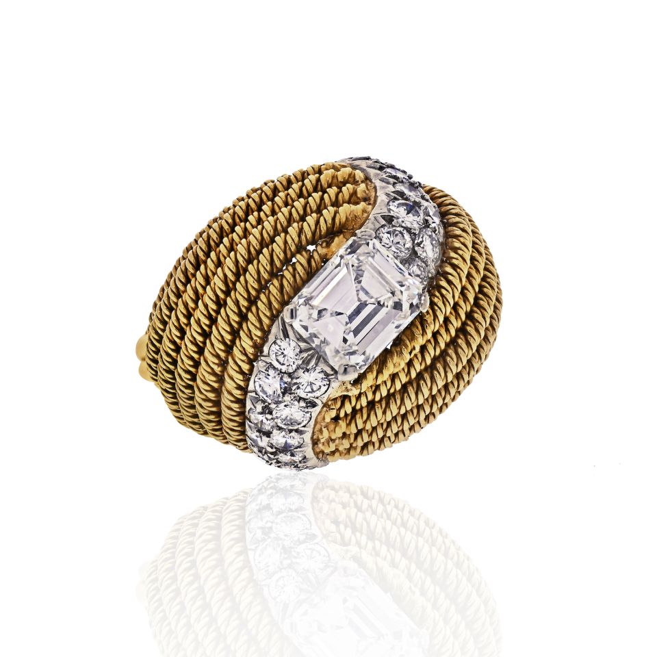 David Webb Platinum & 18K Yellow Gold 2.13 Carat Emerald Cut Turban Diamond Ring - The Back Vault