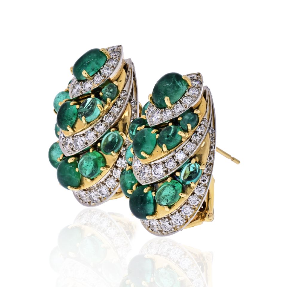 David Webb Platinum & 18K Yellow Gold Diamond And Green Emerald Earrings - The Back Vault