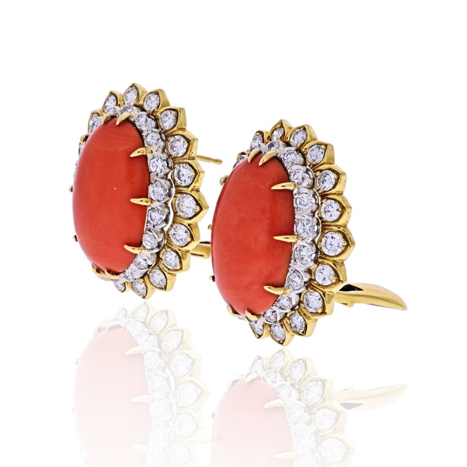 David Webb Platinum & 18K Yellow Gold Oval Coral And Round Cut Diamond Earrings - The Back Vault