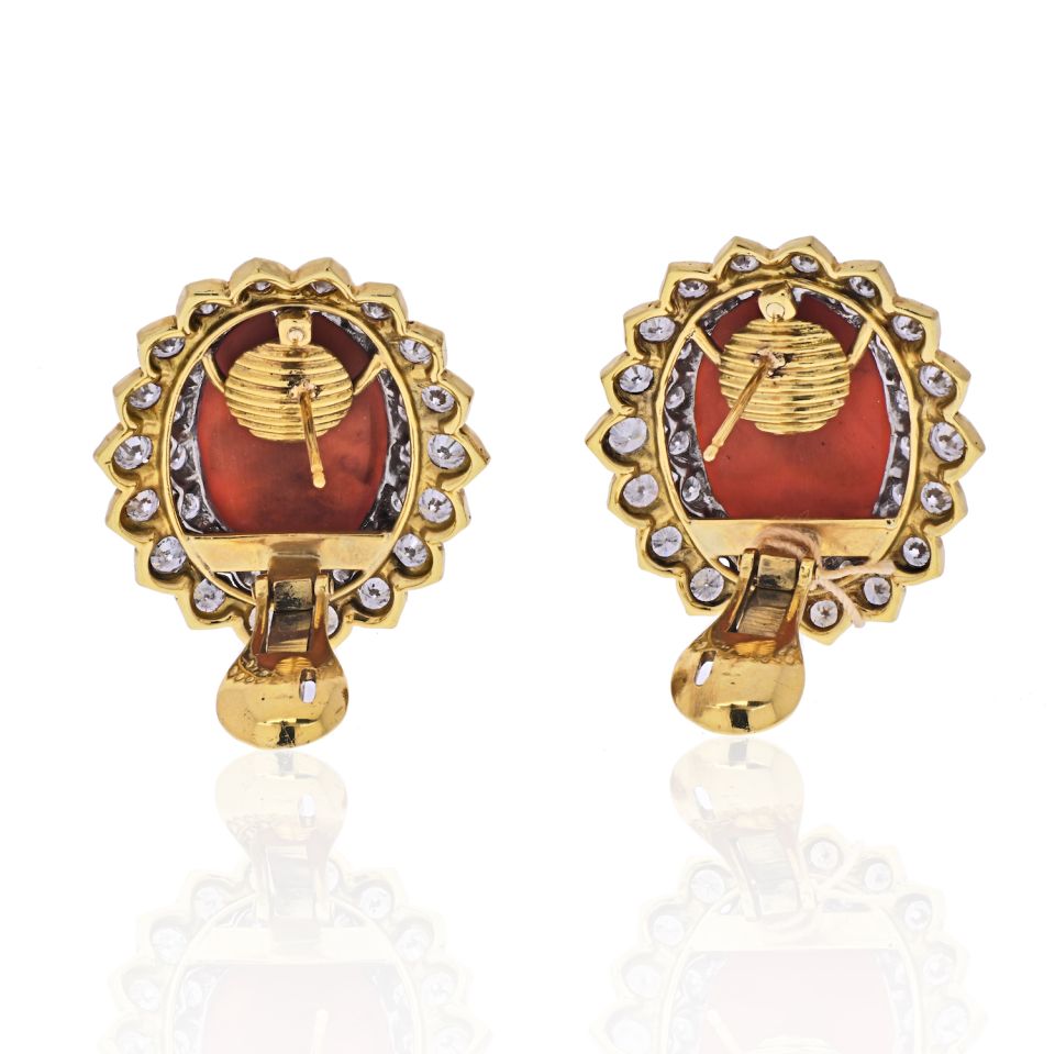 David Webb Platinum & 18K Yellow Gold Oval Coral And Round Cut Diamond Earrings - The Back Vault