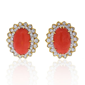 David Webb Platinum & 18K Yellow Gold Oval Coral And Round Cut Diamond Earrings