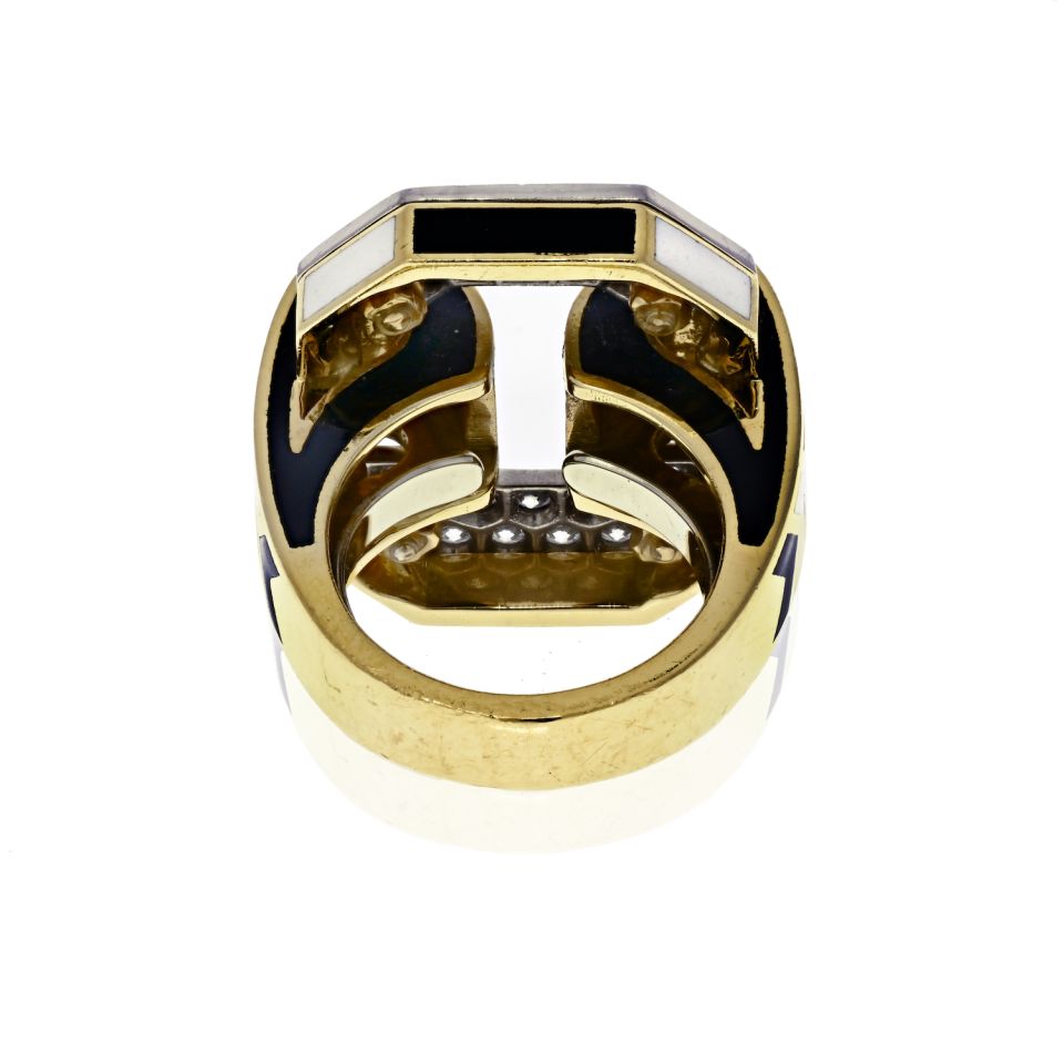 David Webb 18K Yellow Gold Large Chevron White And Black Enamel Ring - The Back Vault