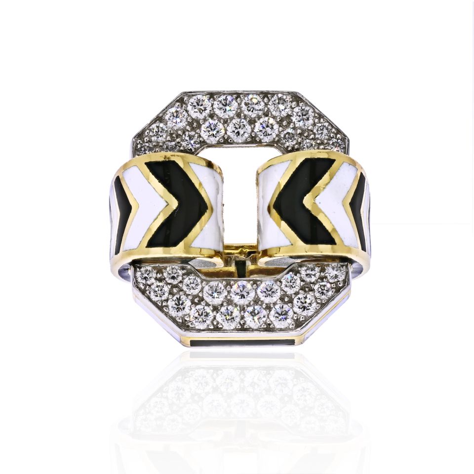 David Webb 18K Yellow Gold Large Chevron White And Black Enamel Ring - The Back Vault