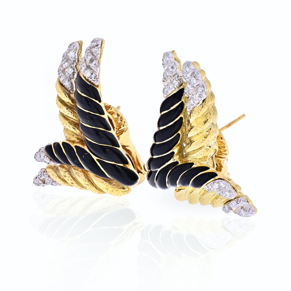 David Webb Platinum & 18K Yellow Gold Original Black Enamel And Diamond Earrings - The Back Vault