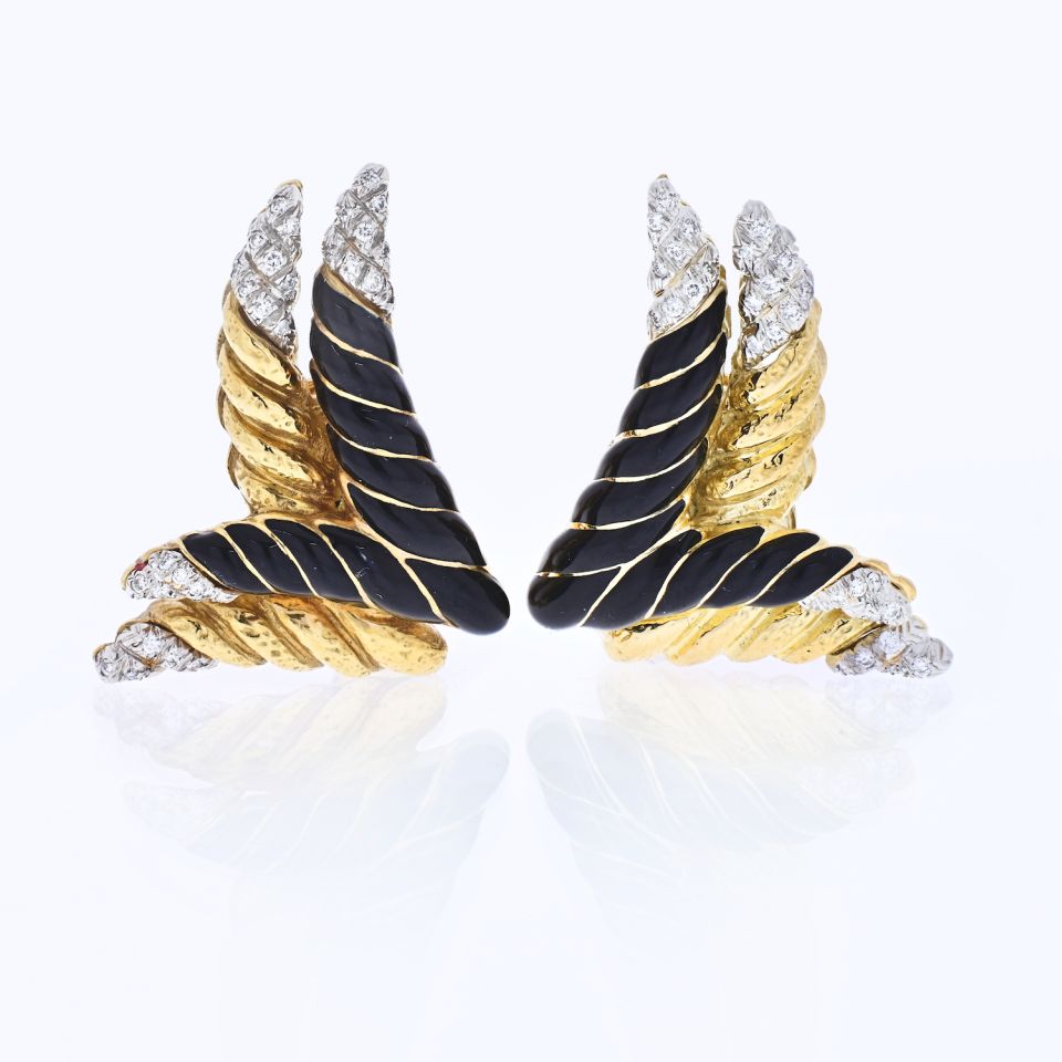 David Webb Platinum & 18K Yellow Gold Original Black Enamel And Diamond Earrings - The Back Vault