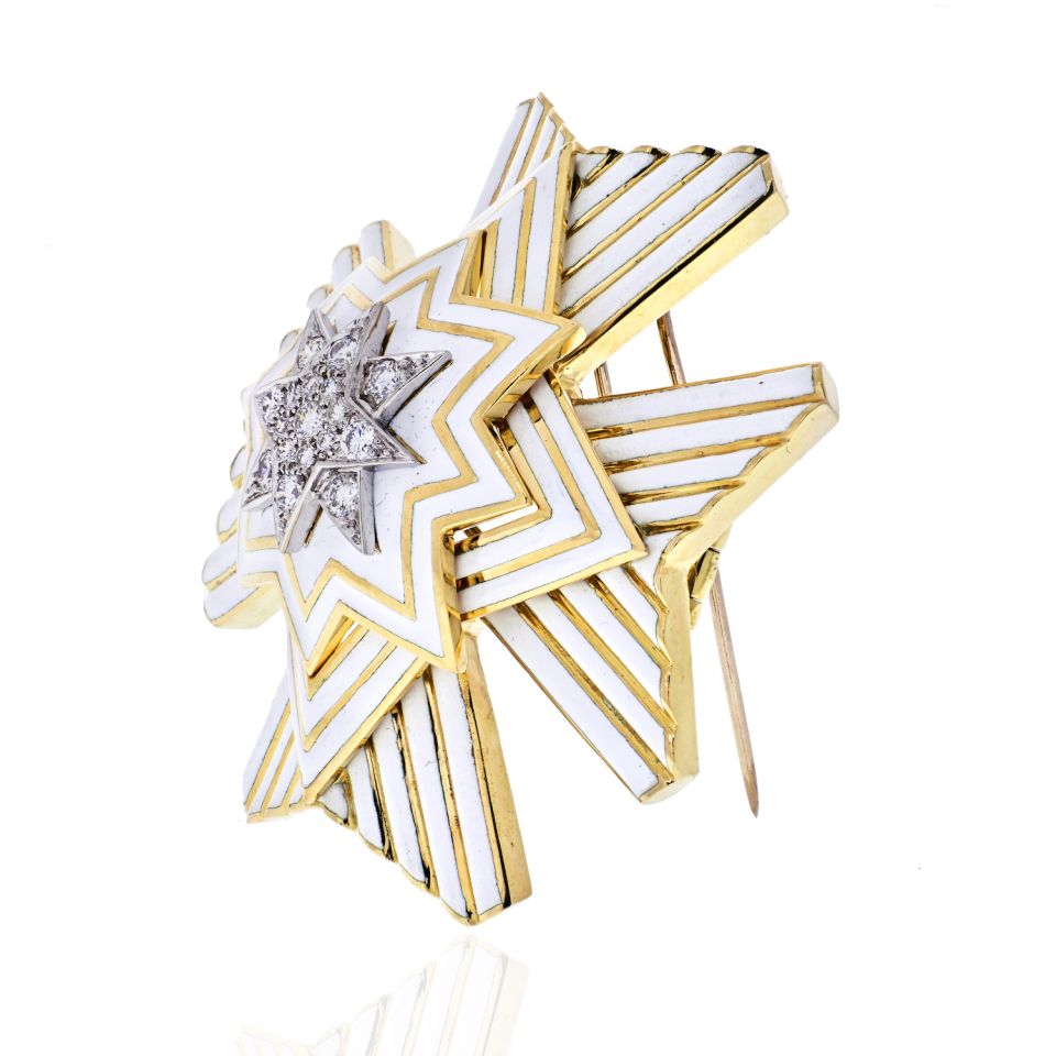 David Webb Platinum & 18K Yellow Gold Important Vintage Maltese Crosee White Enamel Brooch - The Back Vault