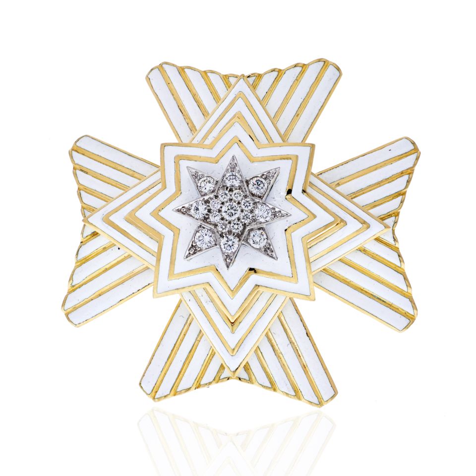 David Webb Platinum & 18K Yellow Gold Important Vintage Maltese Crosee White Enamel Brooch - The Back Vault