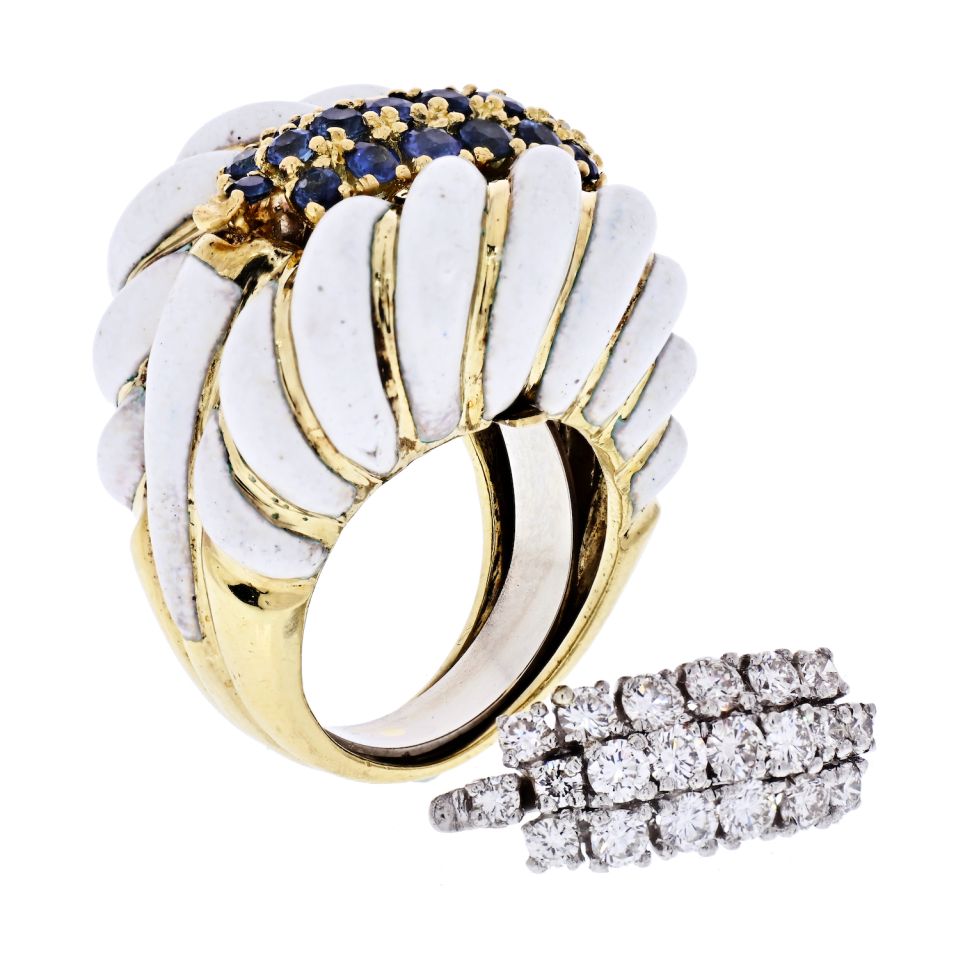 David Webb White Enamel Diamonds, Sapphires Interchangeable Insert Ring - The Back Vault