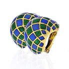 David Webb Platinum & 18K Yellow Gold Green And Blue Checkerboard Enamel Clip-On Earrings - The Back Vault