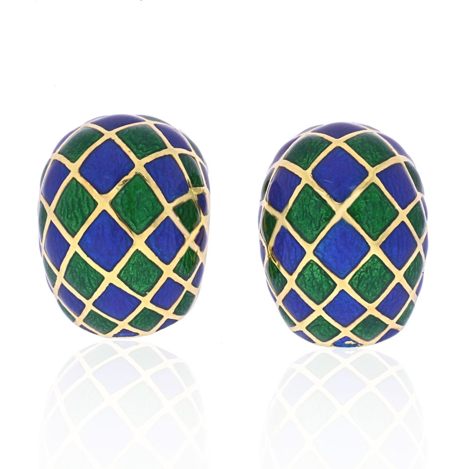 David Webb Platinum & 18K Yellow Gold Green And Blue Checkerboard Enamel Clip-On Earrings - The Back Vault