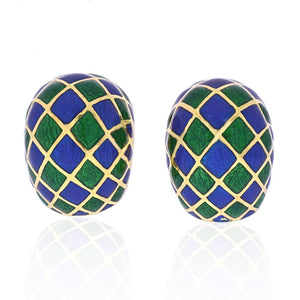 David Webb Platinum & 18K Yellow Gold Green And Blue Checkerboard Enamel Clip-On Earrings