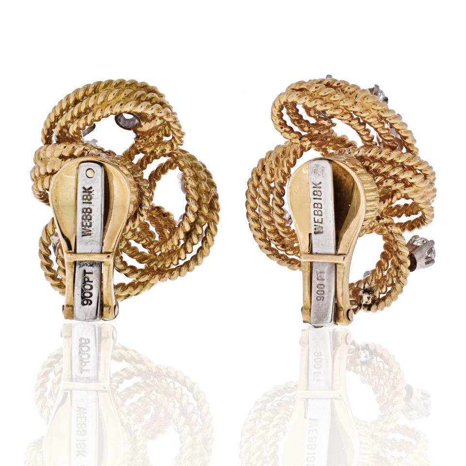 David Webb Platinum & 18K Yellow Gold Twisted Woven Diamond Earrings - The Back Vault