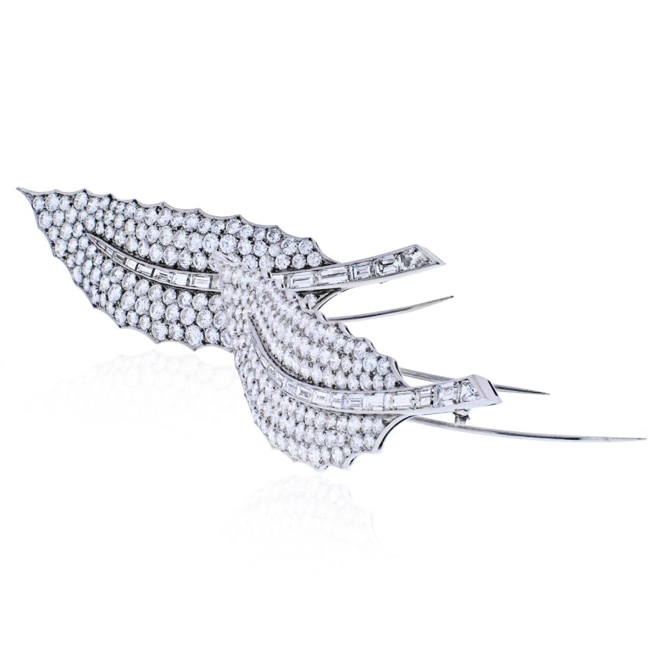 David Webb Platinum 40 Carat Diamond Feather Set Of Two Brooches - The Back Vault