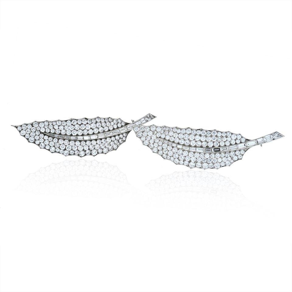 David Webb Platinum 40 Carat Diamond Feather Set Of Two Brooches - The Back Vault