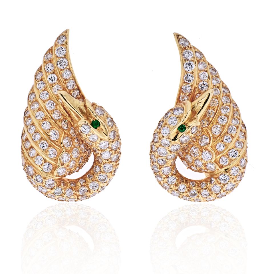 Van Cleef & Arpels 18K Yellow Gold Diamond Swan Earrings - The Back Vault