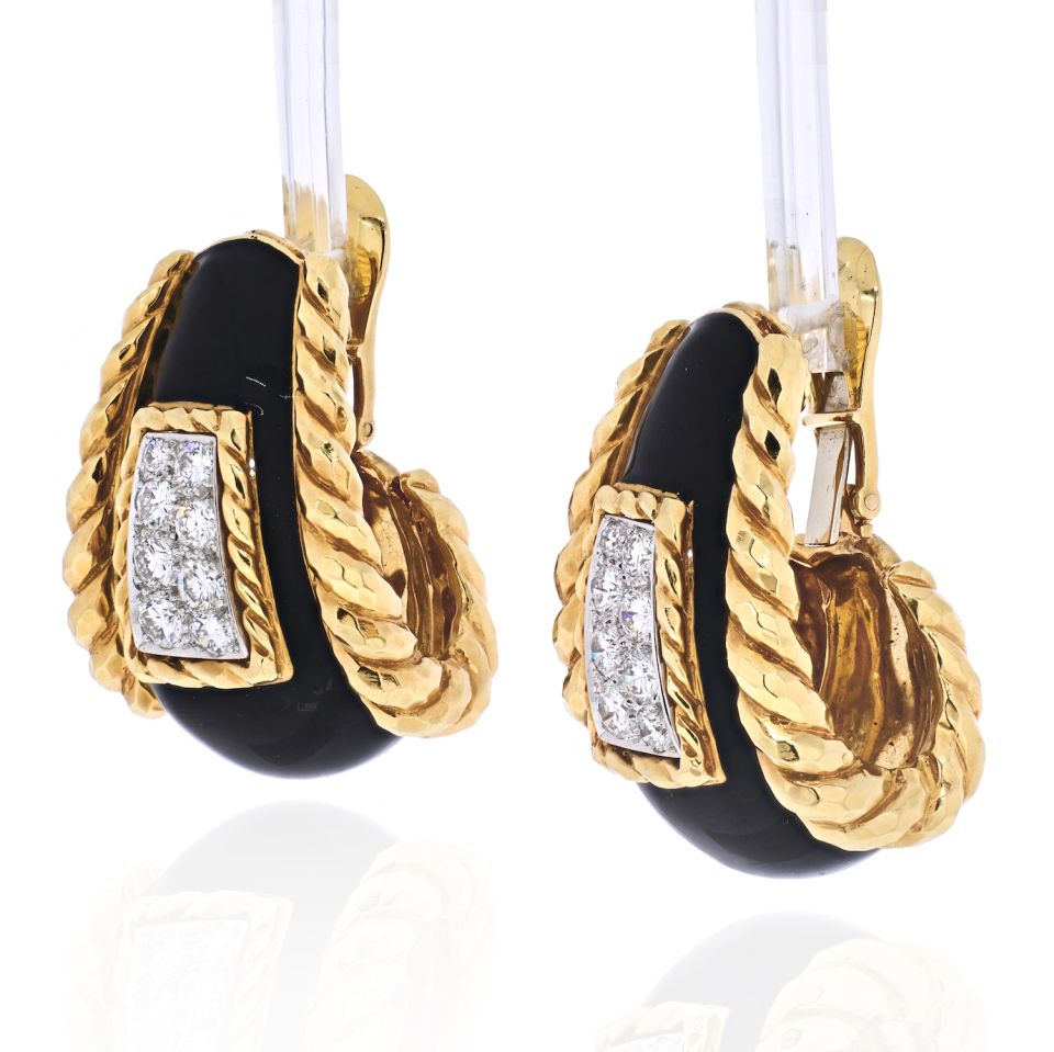 David Webb Platinum & 18K Yellow Gold Black Enamel Diamond Earrings - The Back Vault