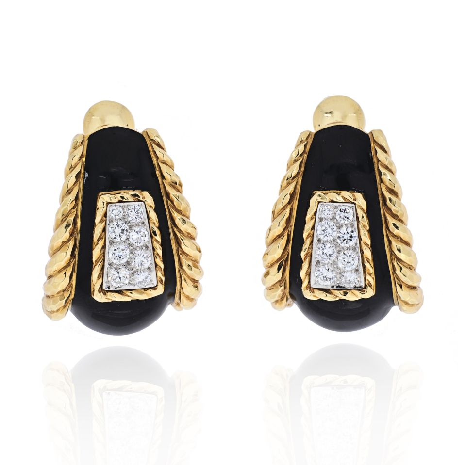 David Webb Platinum & 18K Yellow Gold Black Enamel Diamond Earrings - The Back Vault