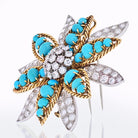 David Webb Platinum & 18K Yellow Gold Turquoise, Diamond Flower Brooch - The Back Vault