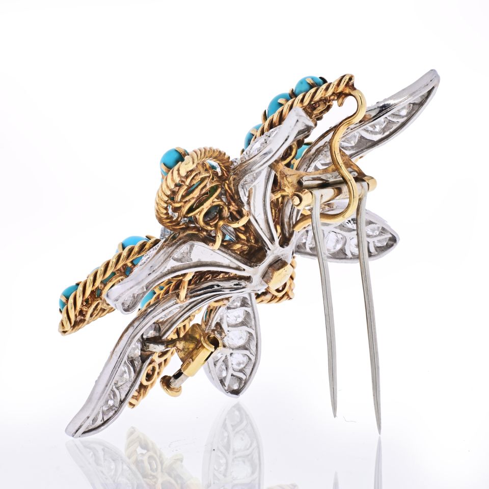 David Webb Platinum & 18K Yellow Gold Turquoise, Diamond Flower Brooch - The Back Vault