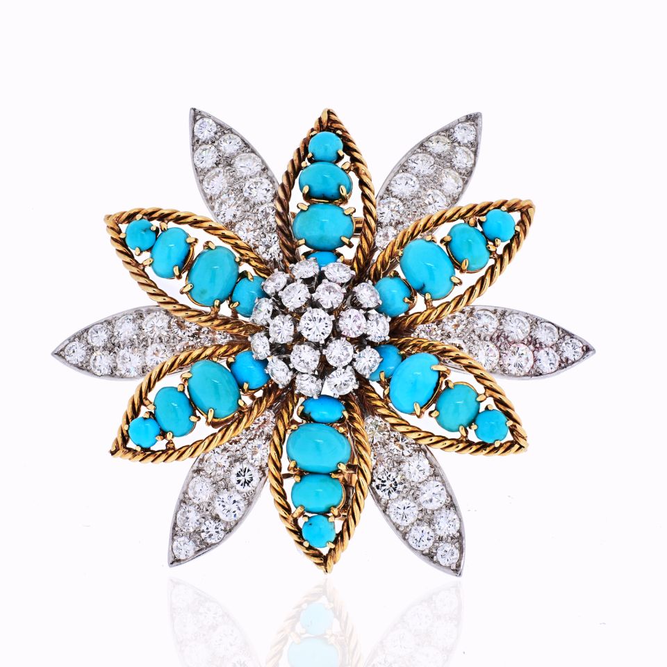 David Webb Platinum & 18K Yellow Gold Turquoise, Diamond Flower Brooch - The Back Vault