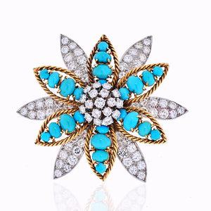 David Webb Platinum & 18K Yellow Gold Turquoise, Diamond Flower Brooch