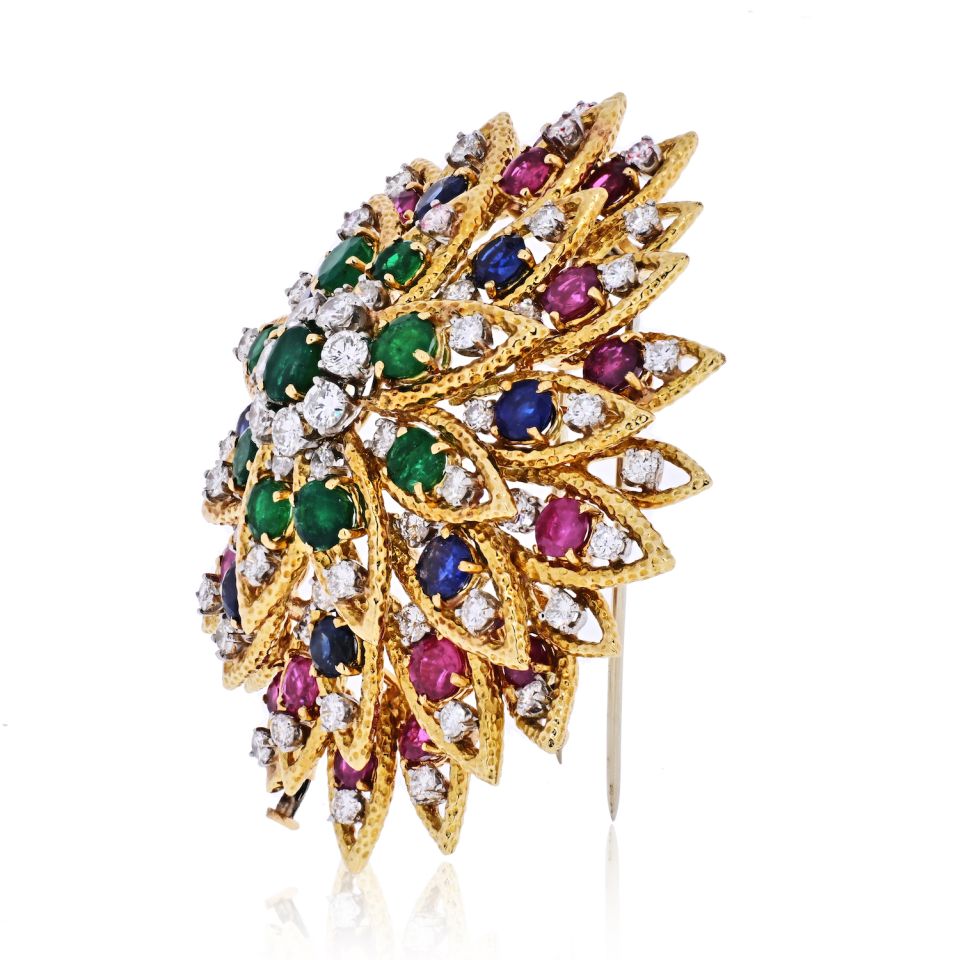 David Webb 18K Yellow Gold 1970's Multicolor Gemstone Brooch - The Back Vault