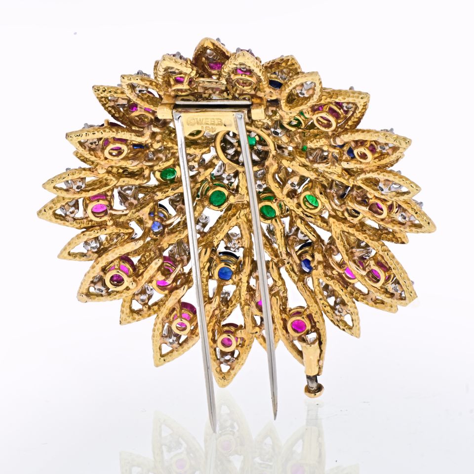 David Webb 18K Yellow Gold 1970's Multicolor Gemstone Brooch - The Back Vault