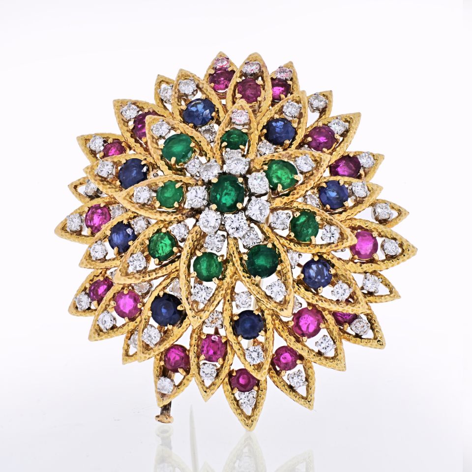 David Webb 18K Yellow Gold 1970's Multicolor Gemstone Brooch - The Back Vault