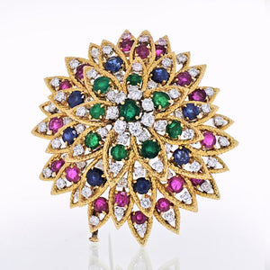 David Webb 18K Yellow Gold 1970's Multicolor Gemstone Brooch