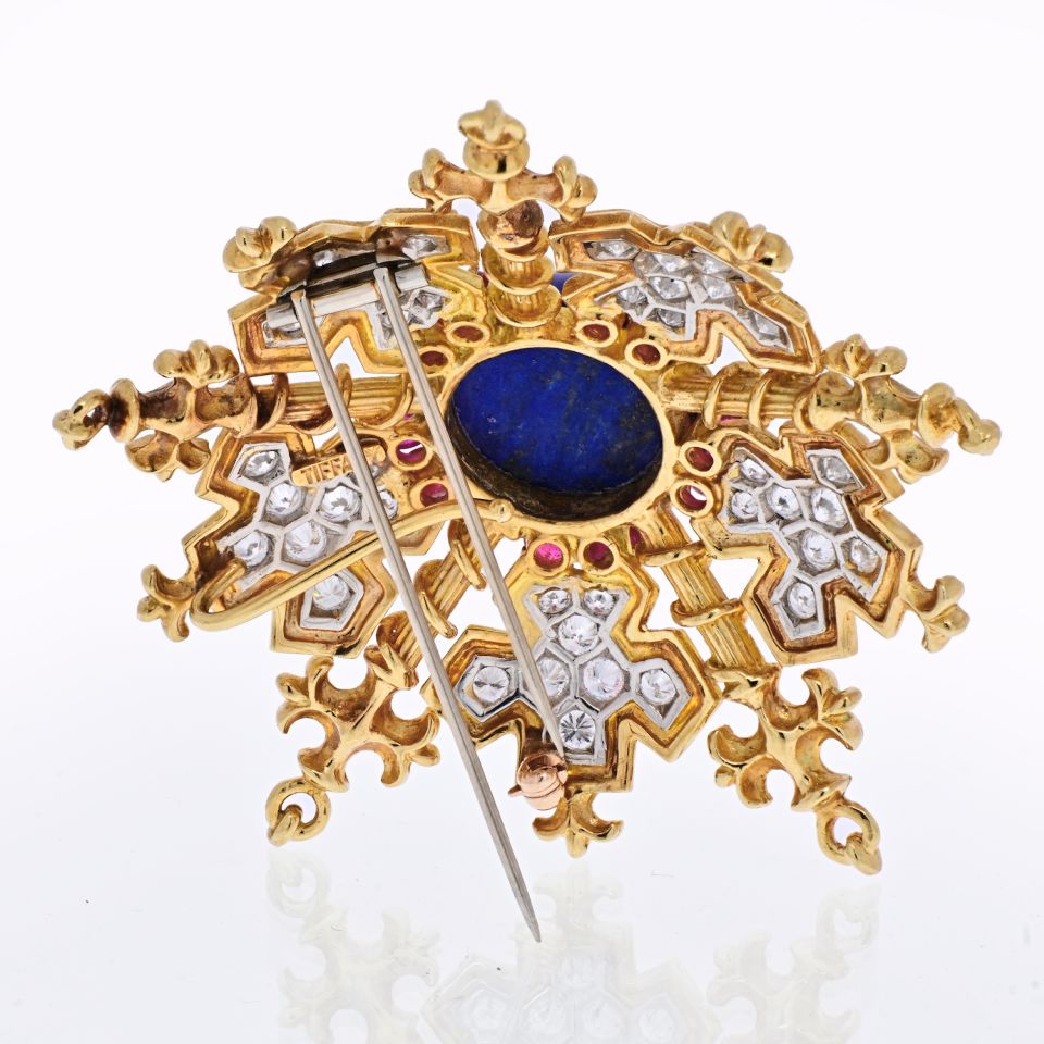 Tiffany & Co. 18K Yellow Gold Snowflake With Lapis, Rubies And Diamonds Brooch - The Back Vault