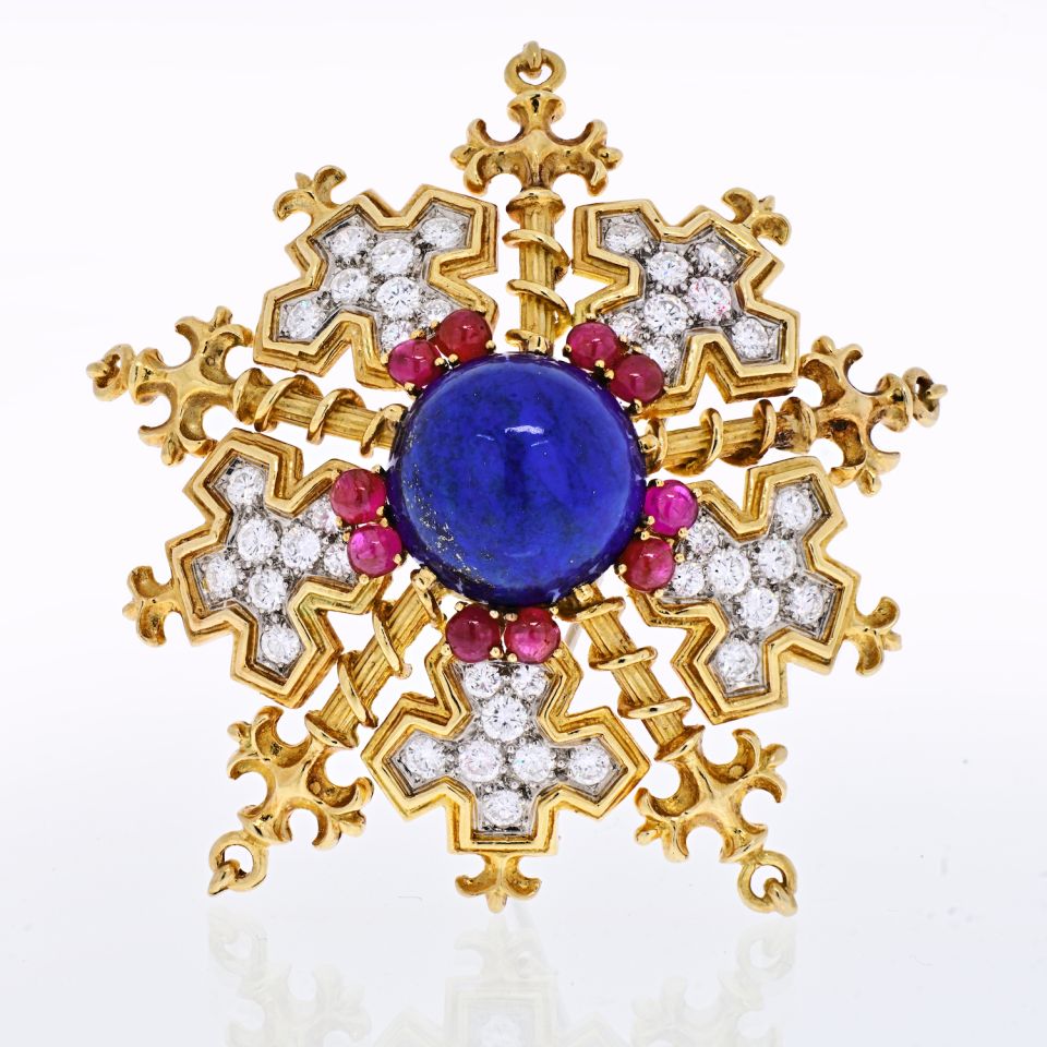 Tiffany & Co. 18K Yellow Gold Snowflake With Lapis, Rubies And Diamonds Brooch - The Back Vault